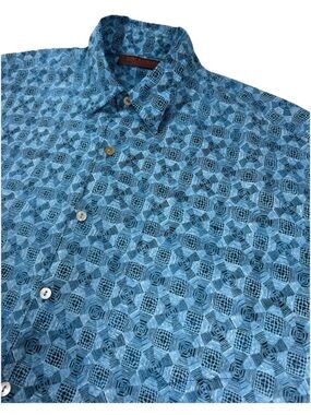 Tori Richard Honolulu Cotton Lawn Aloha Shirt Mens Large Blue Tribal Hawaii USA